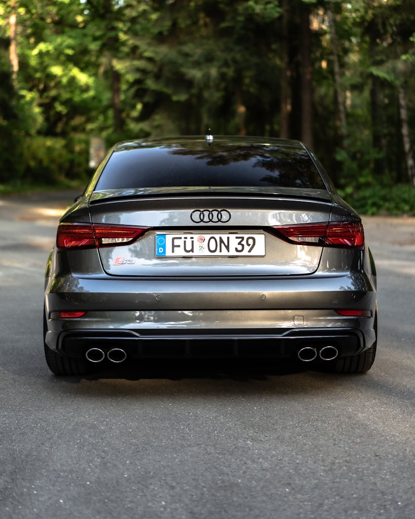 A sleek black Audi S3 car parked on a sunlit forest road, showcasing elegance and luxury.